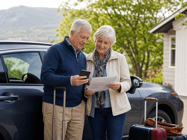 Senior couple reviewing travel notes beside a car