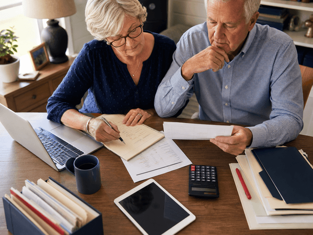 Senior couple reviewing retirement income notes
