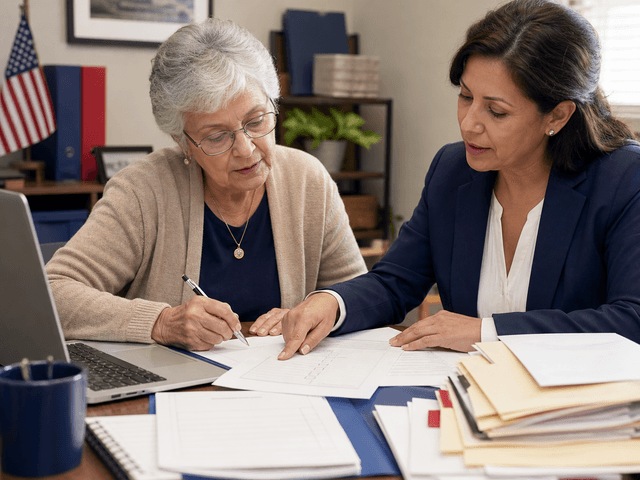 Senior adult reviewing benefits paperwork with an advisor