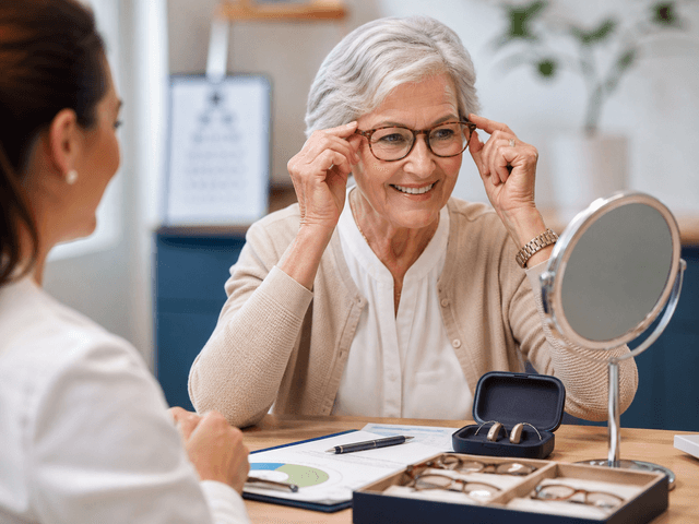 Senior adult trying on eyeglasses during a consultation