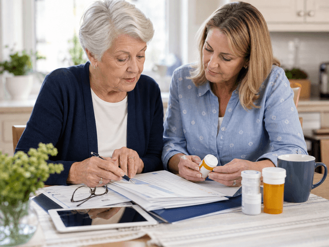 Senior adult reviewing health plan notes and prescriptions