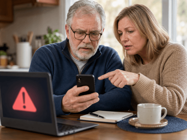 Senior adult checking a suspicious phone message with family